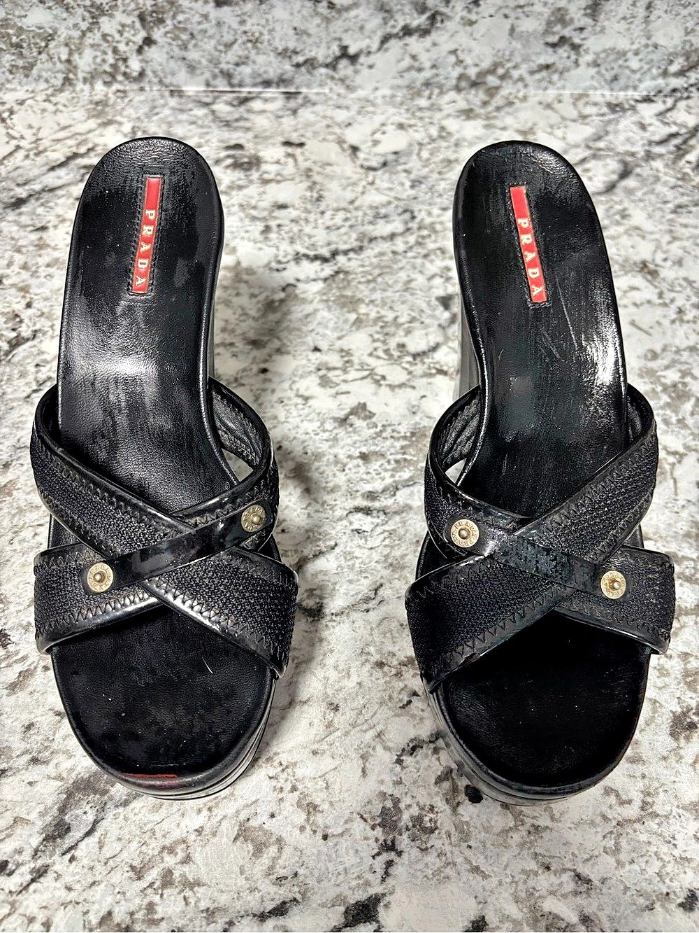 Prada Black Wedge Sandals